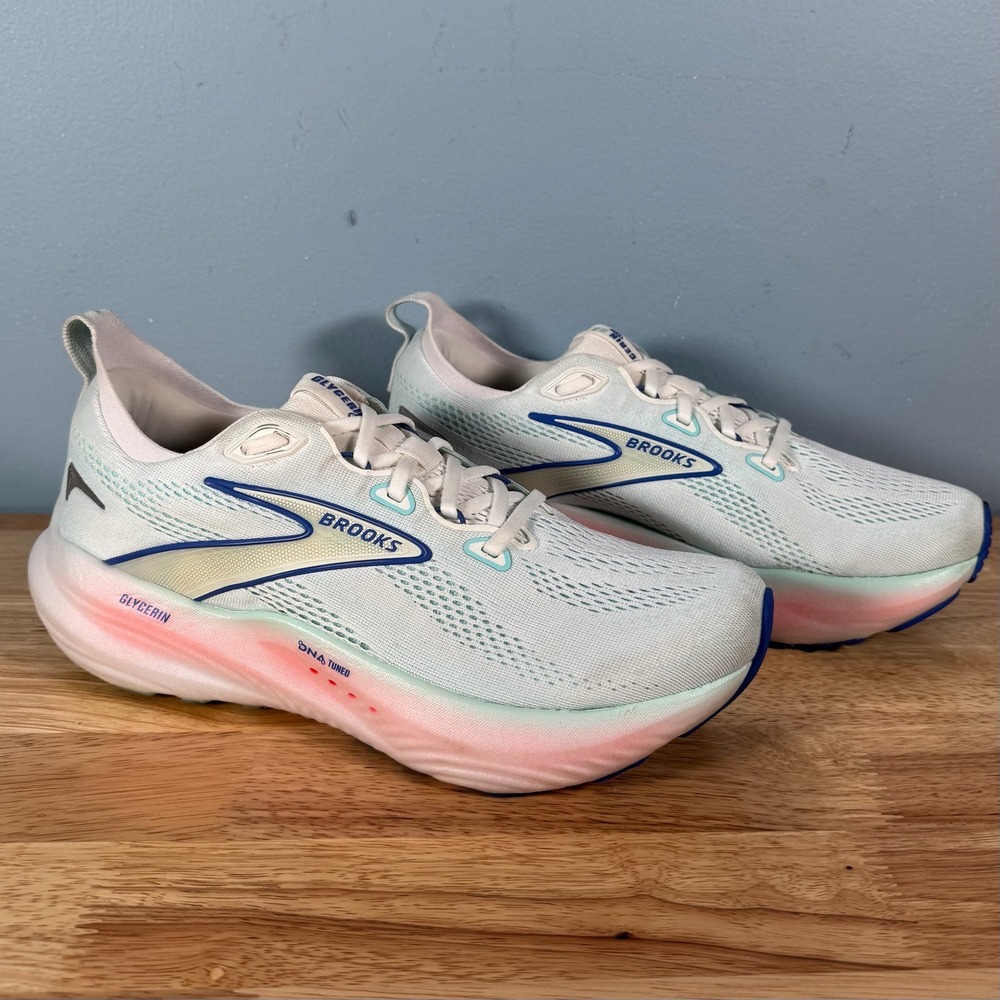 Brooks Glycerin 22 Womens 10 B White Blue Pink Athletic Running Shoes Sneakers
